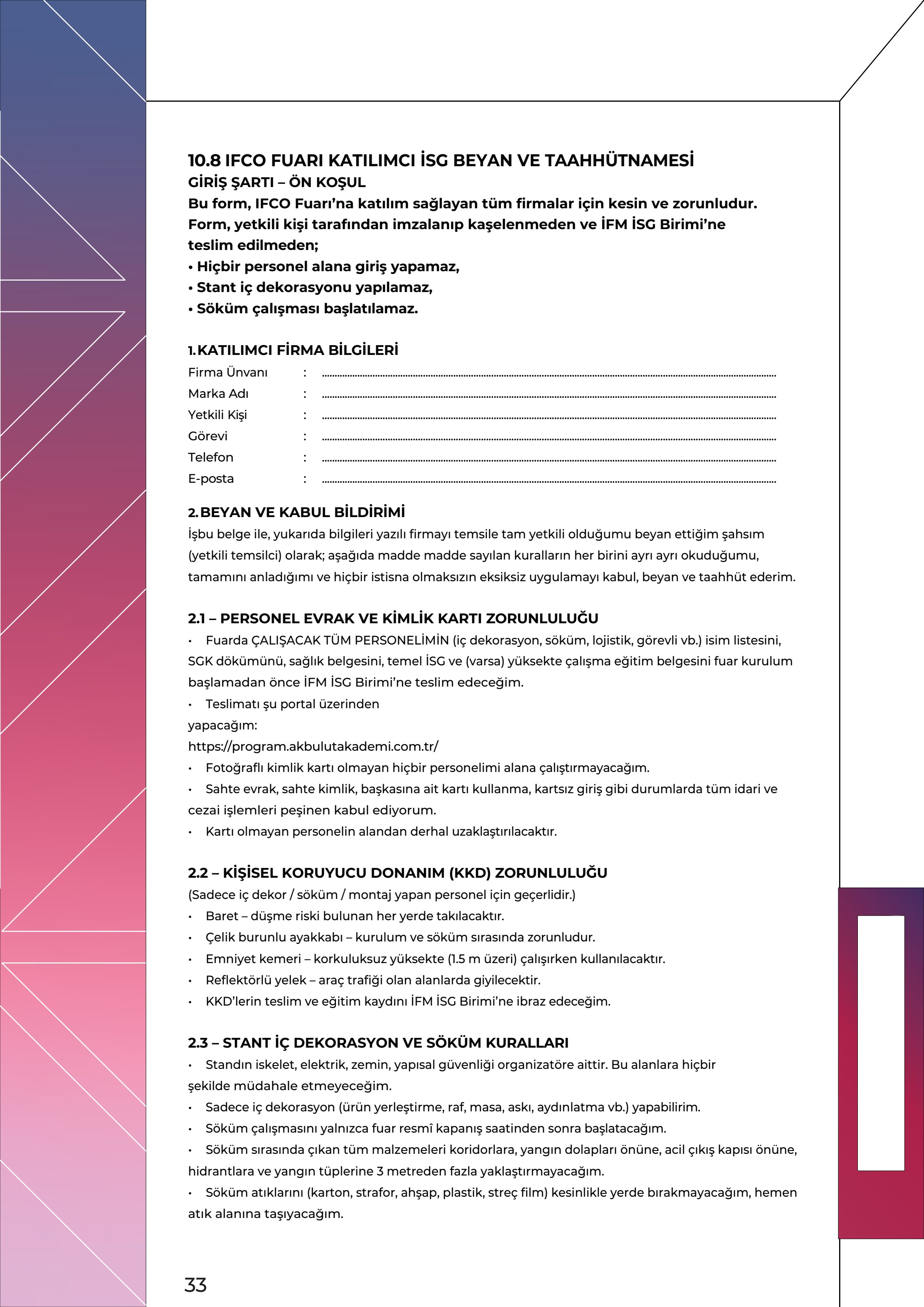 IFCO Katılımcı İSG Beyan ve Taahhütnamesi — orijinal manuel sayfası